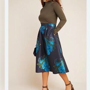 NWT Anthropologie Maeve Ronette Jacquard Midi Skirt in blue floral motif skirt